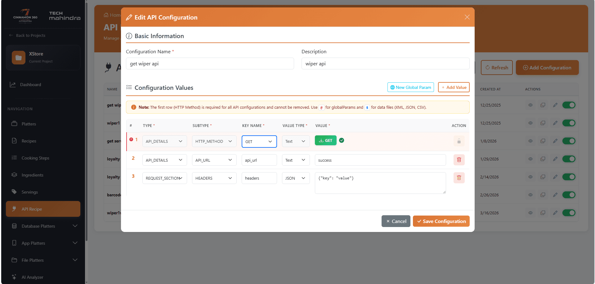 Cinnamon360 REST API test configuration with headers, auth and response validation